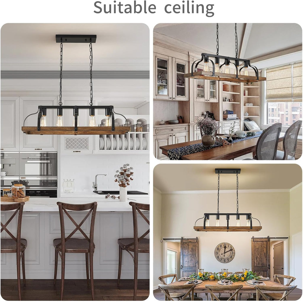 WUZUPS 5-Light Metal Chandelier Imitation Wood Grain Linear Pendant Ceiling Lighting Rustic Farmhouse Fixture Kitchen Island Dining Room, H 8.5" L 31.5" W10, E26 Base, Black & Retro Wood