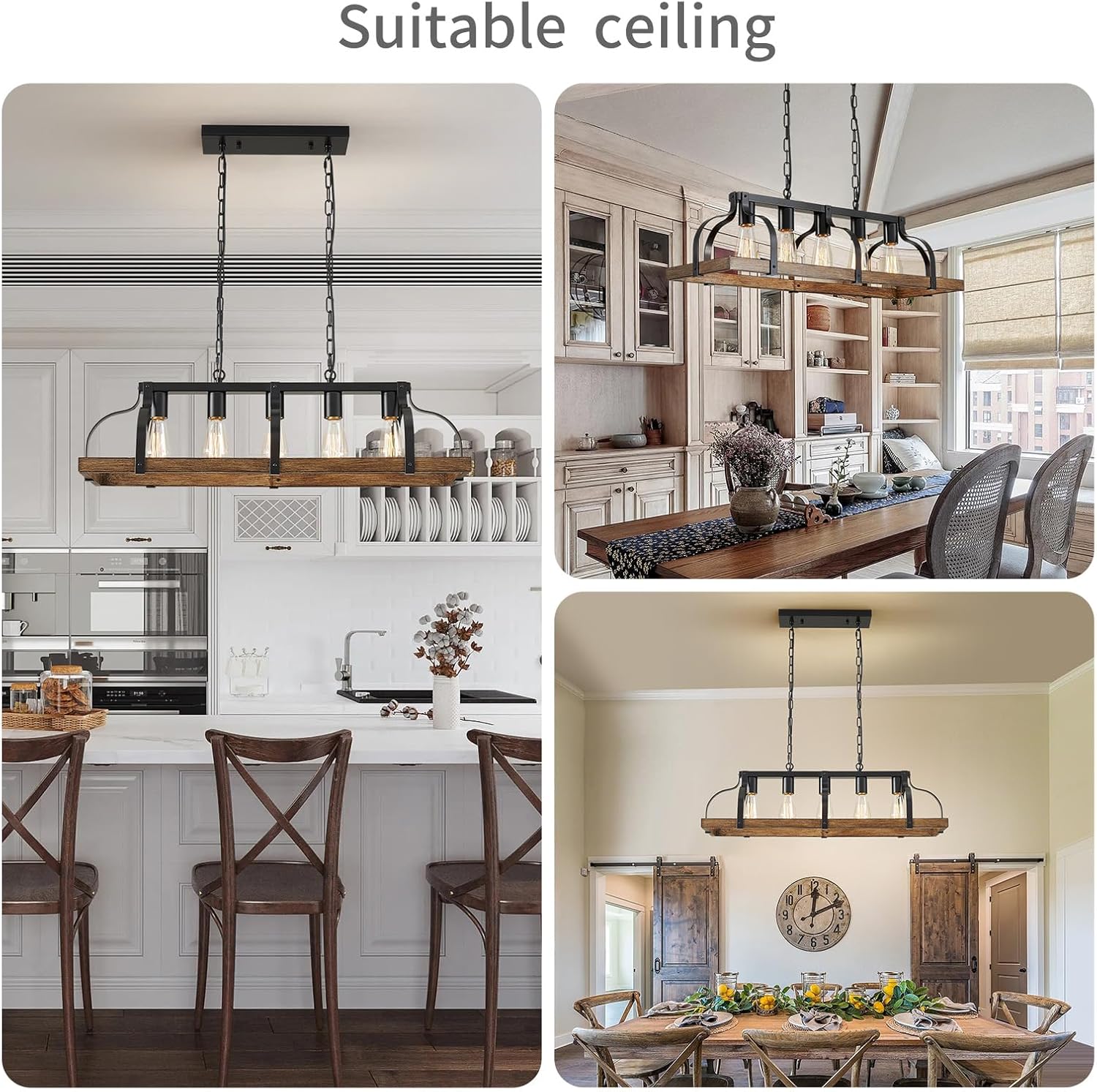 WUZUPS 5-Light Metal Chandelier Imitation Wood Grain Linear Pendant Ceiling Lighting Rustic Farmhouse Fixture Kitchen Island Dining Room, H 8.5" L 31.5" W10, E26 Base, Black & Retro Wood