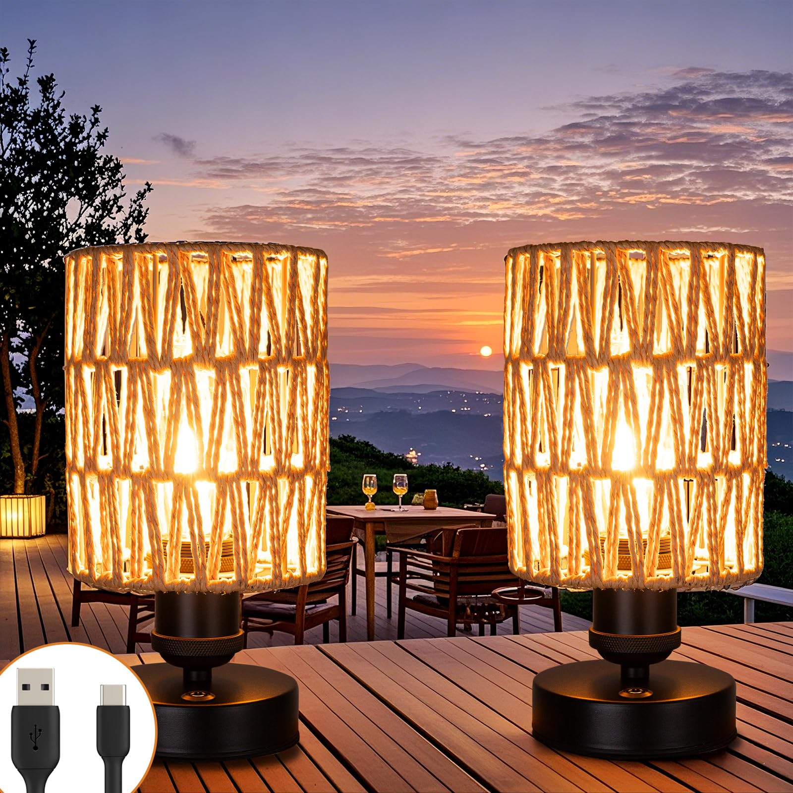 Cordless Rechargeable Outdoor Table Lamps, Battery Operated Table Lamp, Stepless Dimmable for Patio, Living Room, and Bedroom (Bulb Included) - Set of 2 (Black)