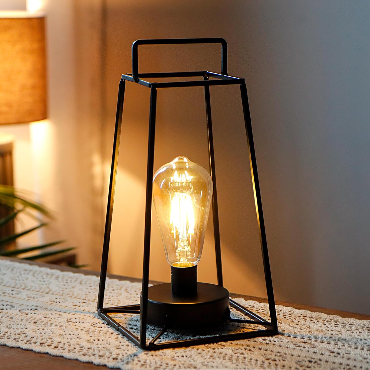 JHY DESIGN Retro Style Geometric Table Lamp 12''H Simple Iron Art Cordless Lamp Battery Operated Cage Wireless Light with 6-Hours Timer for Balcony Wedding Parties Indoor Outdoor(Tall, Black)