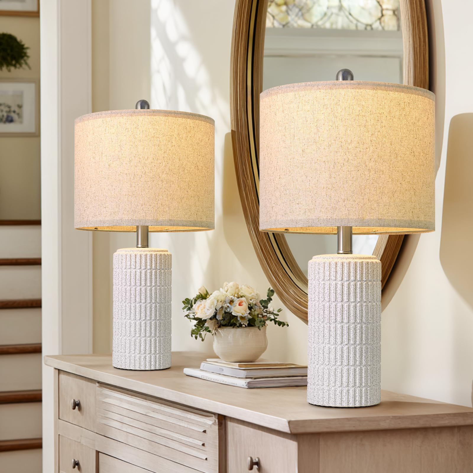 PoKat 20.75" Small Modern Ceramic Table Lamps Set of 2 for Bedroom, White Bedside Lamps for Night Stands, Farmhouse Desk Home Decor Gift Nightstand Table Lamps for Living Room End Table Beige