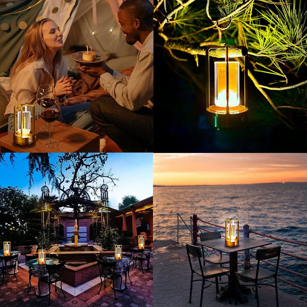 Portable Metal Table Lamp, 4000 mAh Outdoor Table Lights Rechargeable, 3 Color Stepless Dimmable Battery Operated Lamp for Patio, Camping, Bar Samll Desk Lamp for Indoor/ Outdoor (Black)