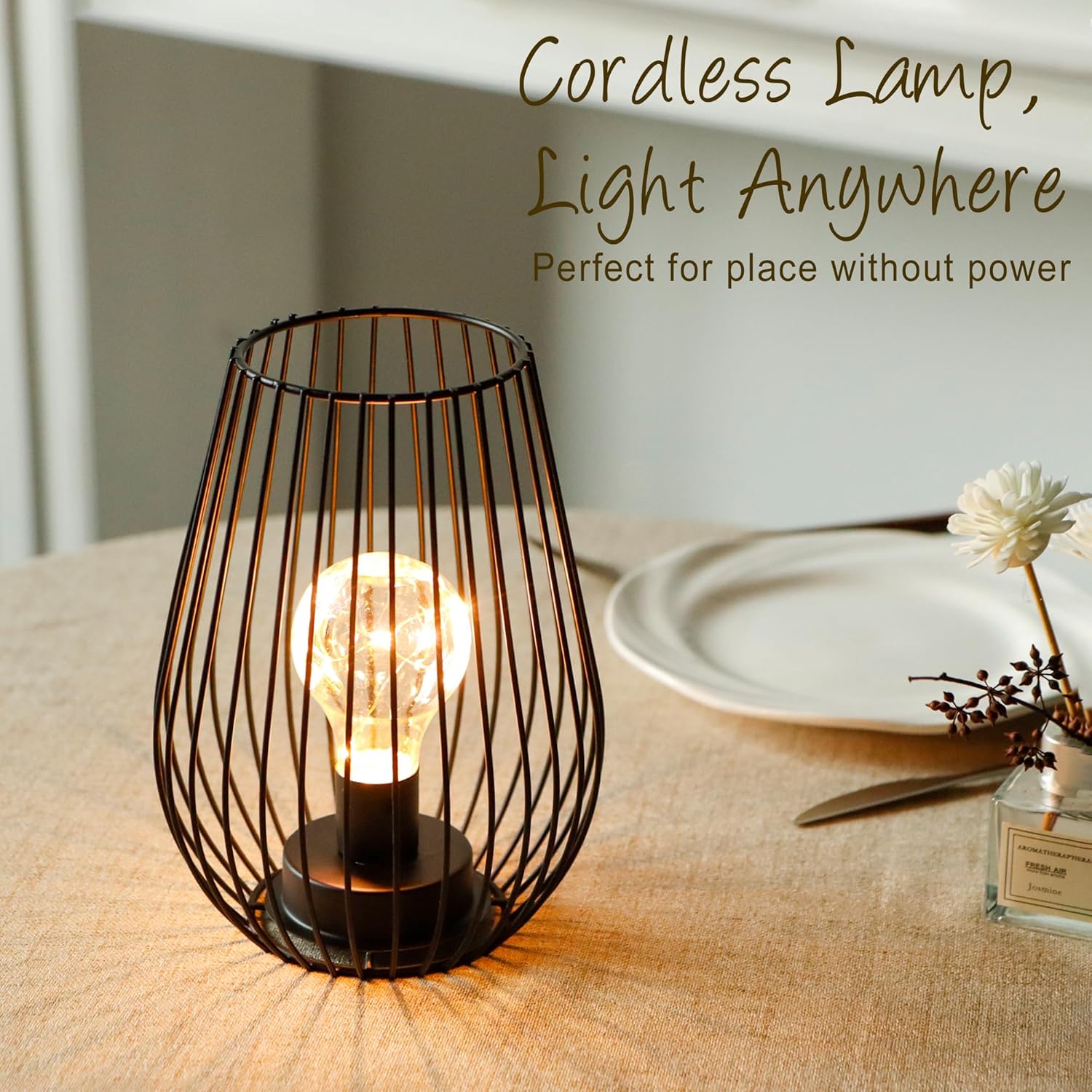 TRIROCKS Metal Cordless Table Lamp - 8'' Tall Set of 2 Cage Shape Battery Operated Lamp with Fairy Lights Bulb for Indoor/Outdoor Use Perfect for Christmas Garden and Weddings (Black,Set of 2)