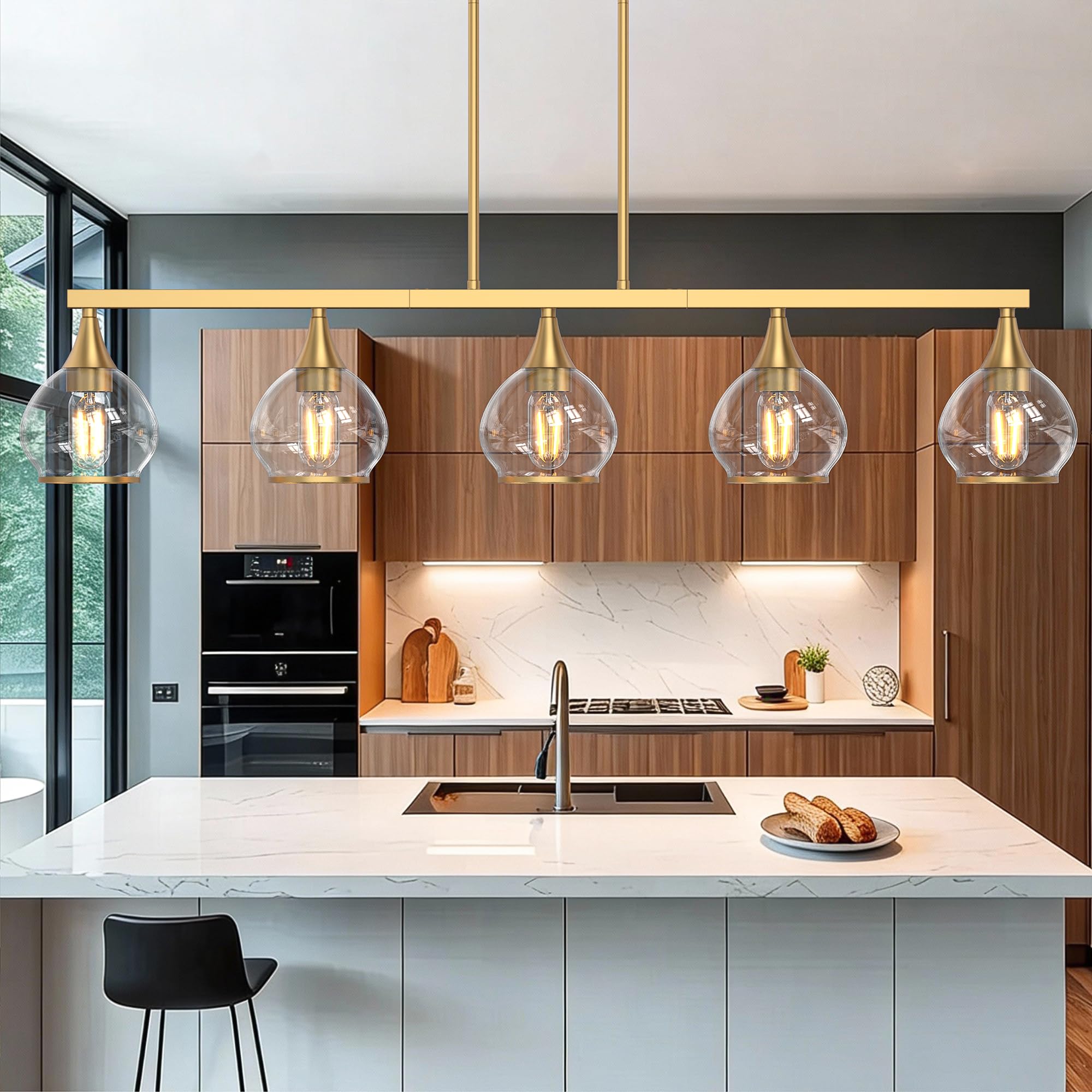 Kitchen Island Linear Pendant Light, 3-Light Gold Dining Room Chandelier with Clear Glass Globe Shades, Modern Linear Lighting Fixture Over Table