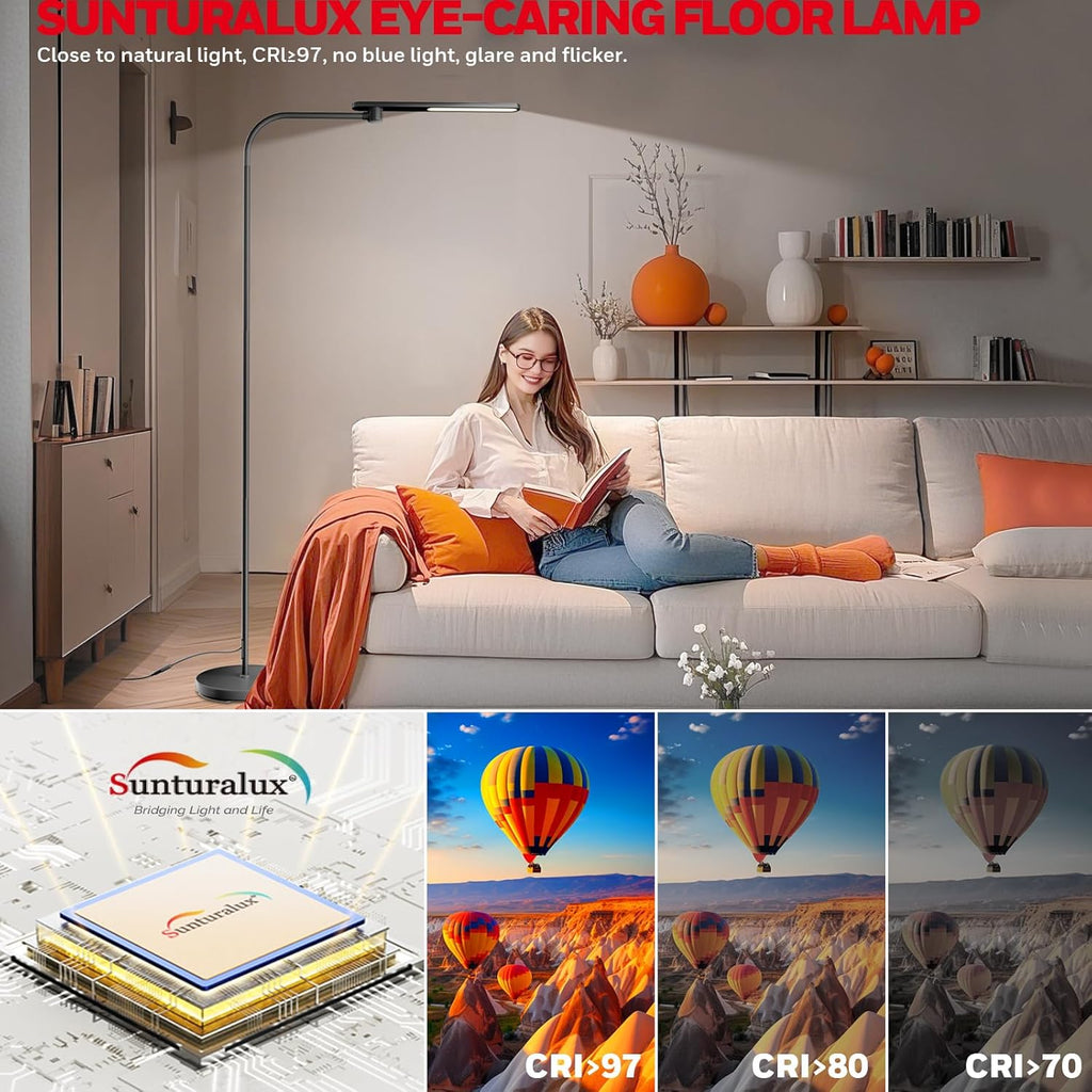 Honeywell LED Floor Lamp for Reading, CRI97 Full Spectrum Gooseneck Floor Lamp with Remote, Eye-Caring Dimmable Standing Task Light, 3 Color Temperatures, 77.5" Tall for Living Room Bedroom Office