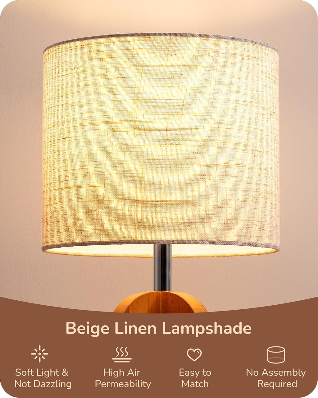 EDISHINE Wood Table Lamp, Small Nightstand Lamp with Beige Linen Lampshade, Integrated Four-Legged Wooden Base, End Bedside Lamp for Nursery, Bedroom, End Table, ON/Off Switch, E26, 14.17"