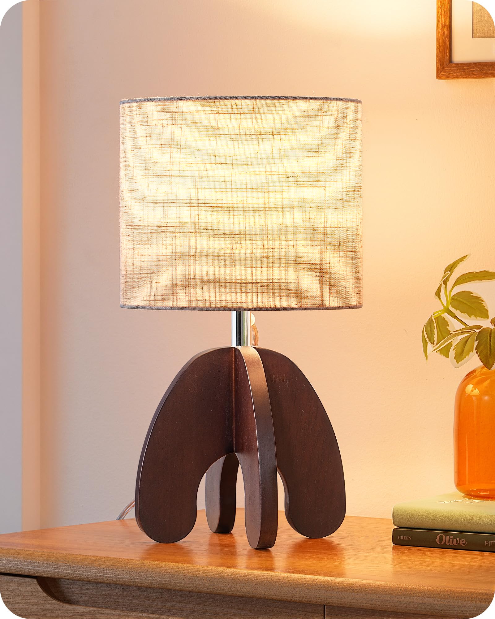 EDISHINE Wood Table Lamp, Small Nightstand Lamp with Beige Linen Lampshade, Integrated Four-Legged Wooden Base, End Bedside Lamp for Nursery, Bedroom, End Table, ON/Off Switch, E26, 14.17"