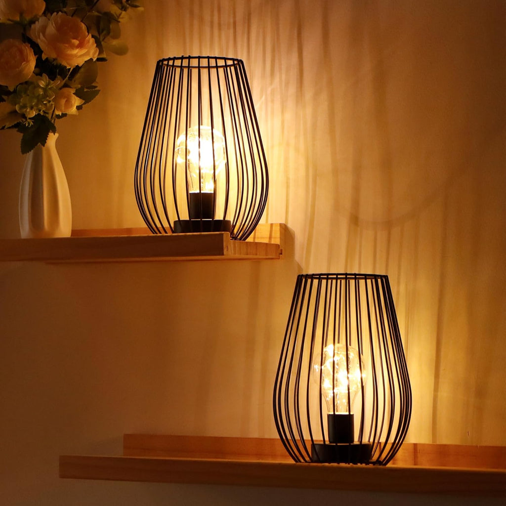 TRIROCKS Metal Cordless Table Lamp - 8'' Tall Set of 2 Cage Shape Battery Operated Lamp with Fairy Lights Bulb for Indoor/Outdoor Use Perfect for Christmas Garden and Weddings (Black,Set of 2)