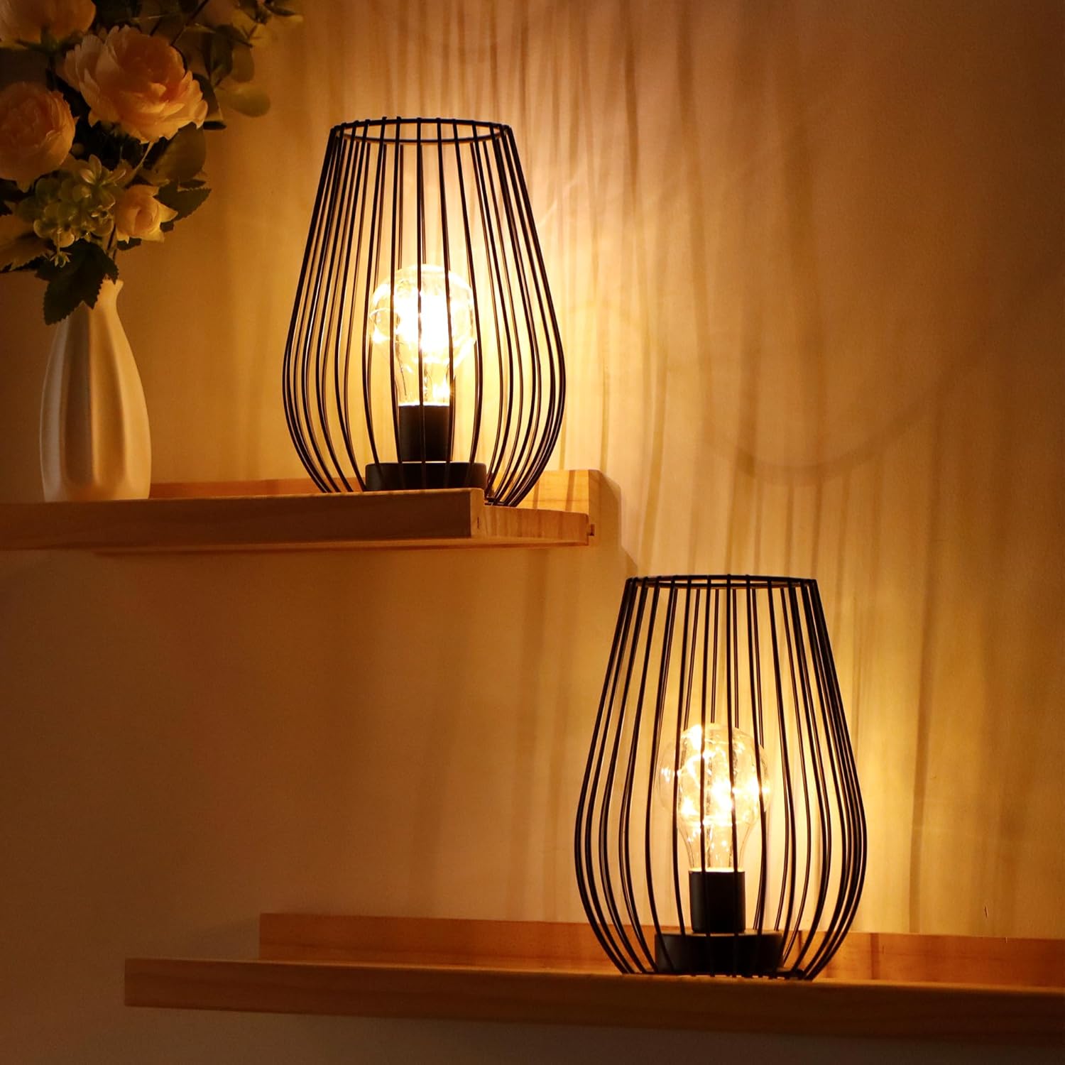 TRIROCKS Metal Cordless Table Lamp - 8'' Tall Set of 2 Cage Shape Battery Operated Lamp with Fairy Lights Bulb for Indoor/Outdoor Use Perfect for Christmas Garden and Weddings (Black,Set of 2)