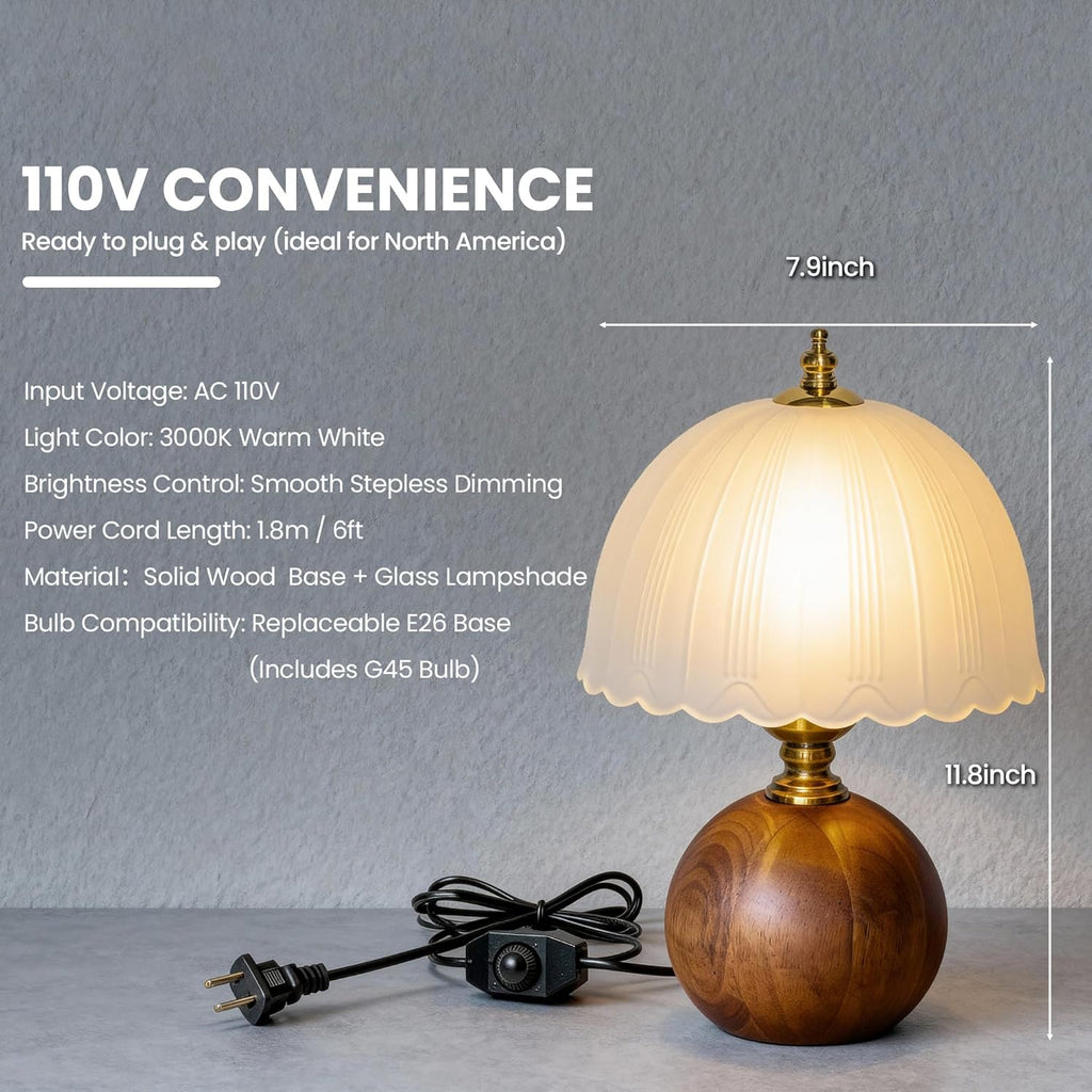 11.8" Wooden Table Lamp, Dimmable with Frosted Glass Shade for Bedroom Living Room
