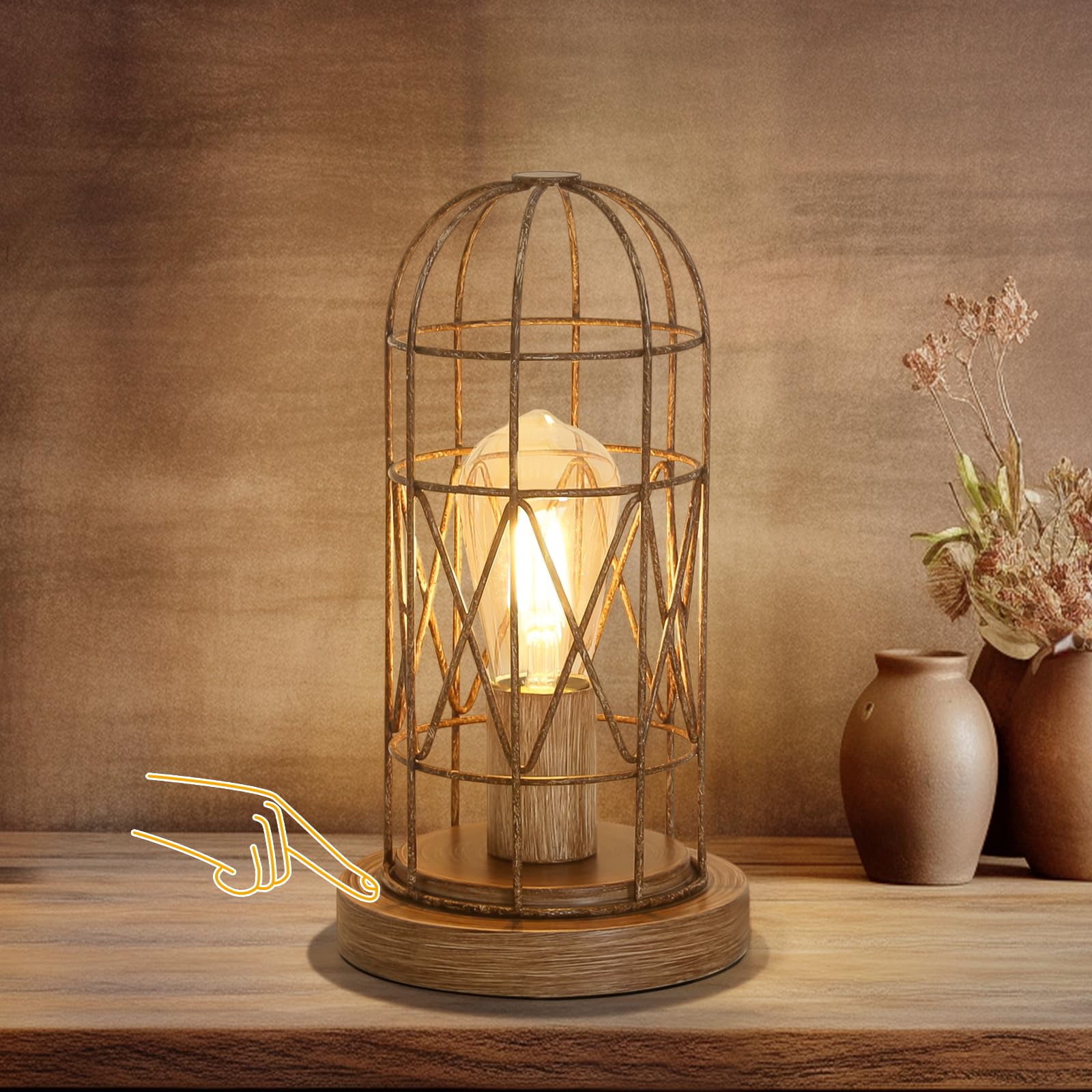 Industrial Table Lamp, Small Touch Lamp with Rustic Cage Vintage Bedside Lamp 3 Way Dimmable Nightstand Lamp Edison Desk Lamp for Bedroom, Living Room, Hallway, Entryway, Kitchen, 4W LED Bulb Included