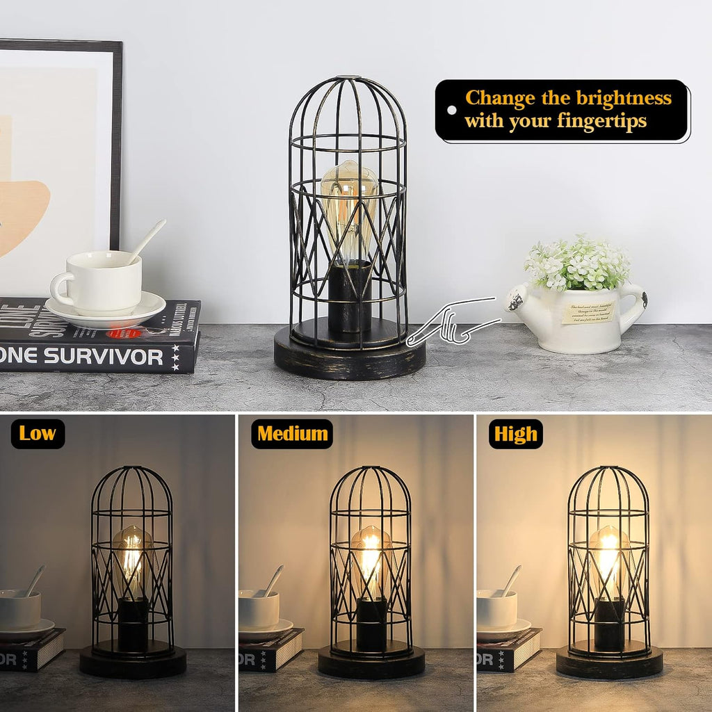 Industrial Table Lamp, Small Touch Lamp with Rustic Cage Vintage Bedside Lamp 3 Way Dimmable Nightstand Lamp Edison Desk Lamp for Bedroom, Living Room, Hallway, Entryway, Kitchen, 4W LED Bulb Included