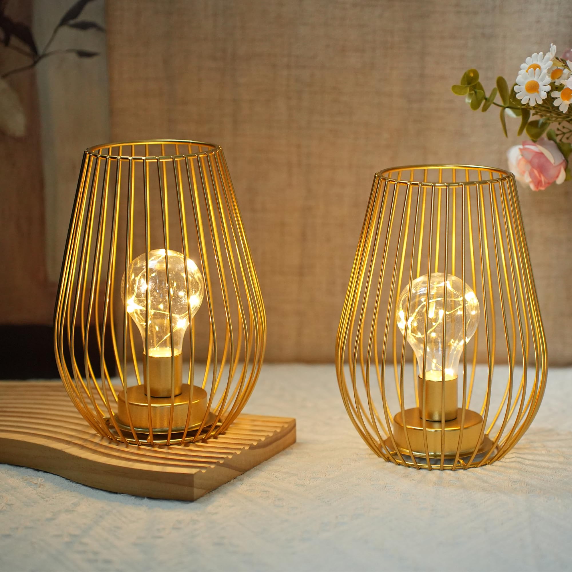 TRIROCKS Metal Cordless Table Lamp - 8'' Tall Set of 2 Cage Shape Battery Operated Lamp with Fairy Lights Bulb for Indoor/Outdoor Use Perfect for Christmas Garden and Weddings (Black,Set of 2)