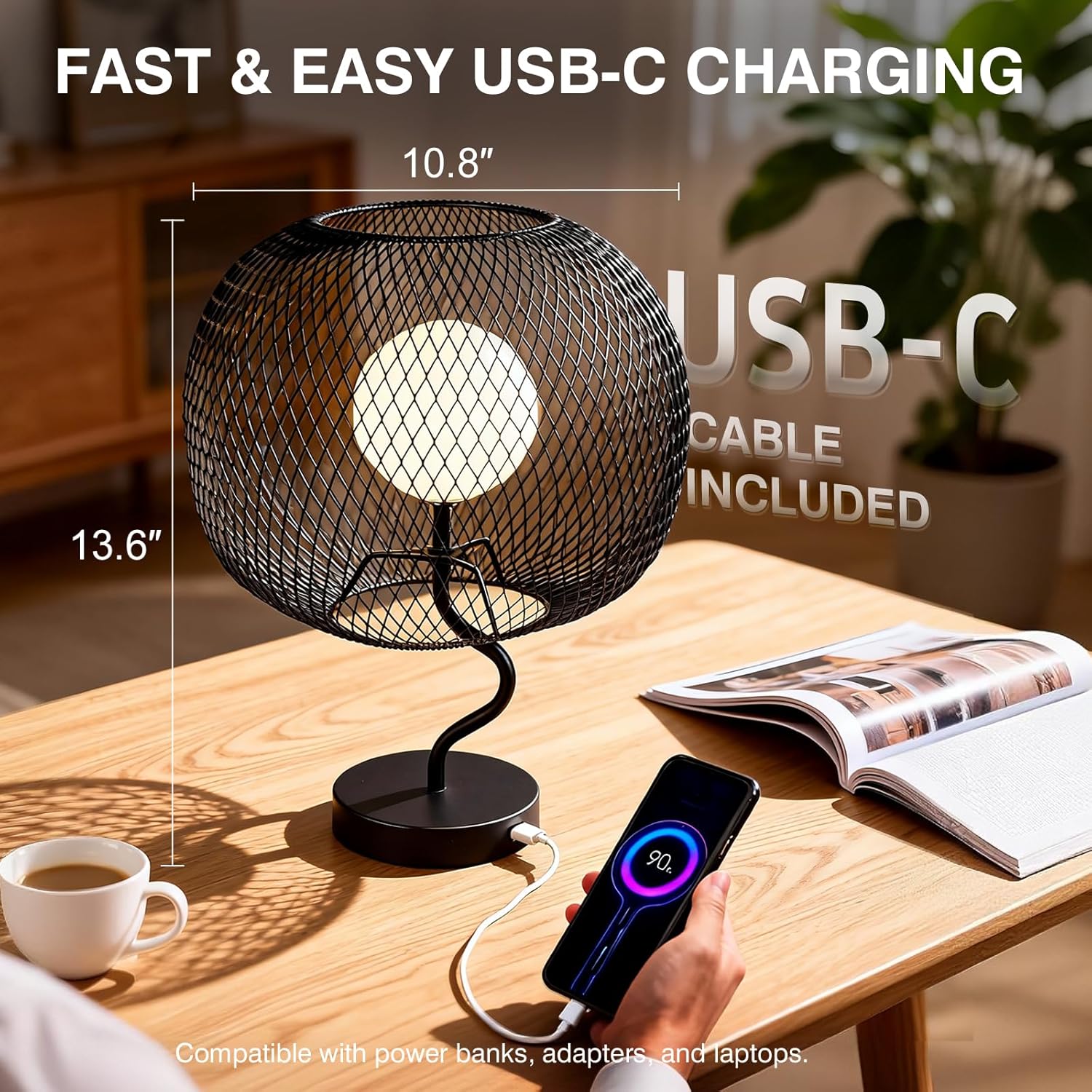 Cordless Touch Dimmable Table Lamp, Metal Mesh Shade USB-C Rechargeable