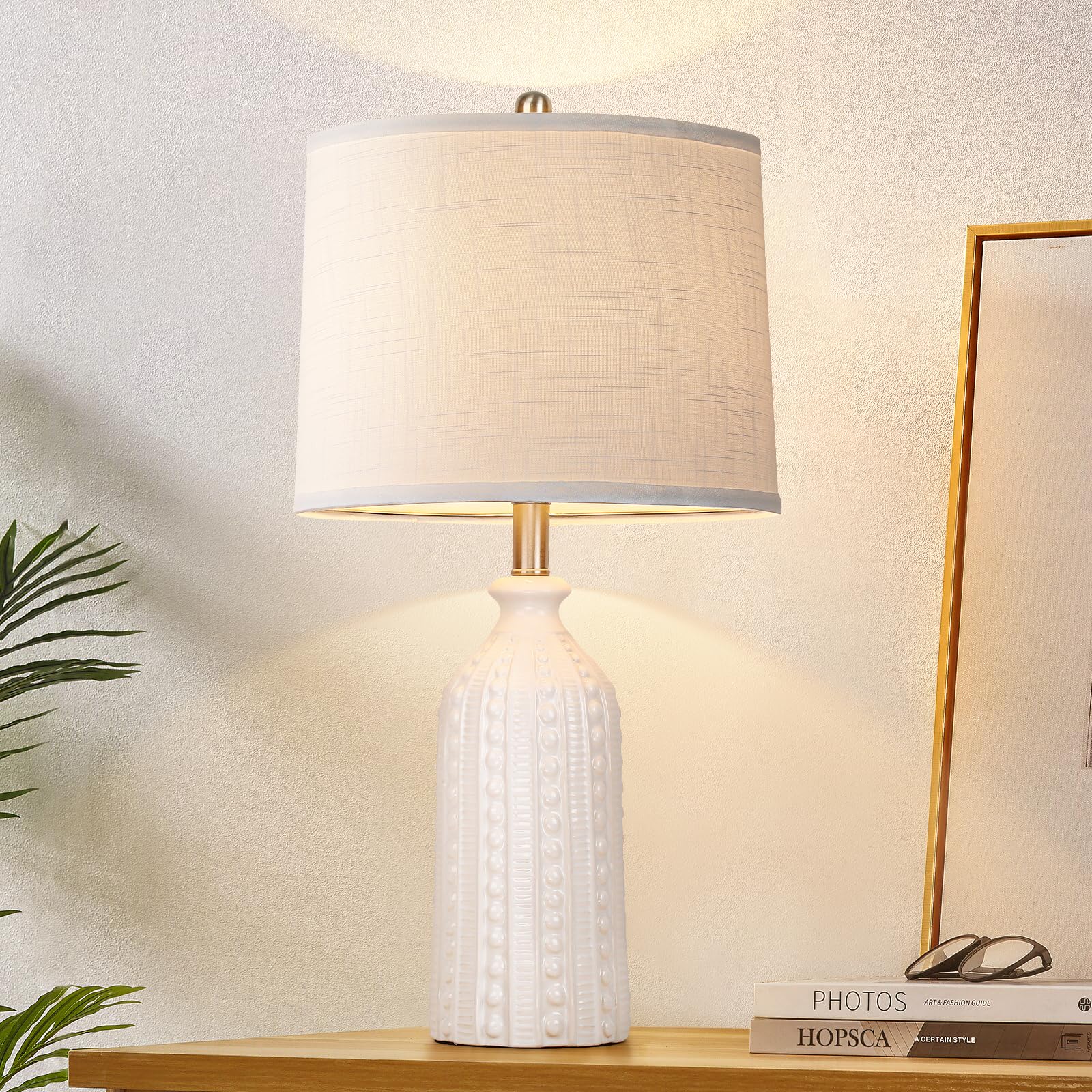 JUNNAI Green Ceramic Table Lamp 24.5": 3-Way Dimmable Nightstand Lamp with White Drum Lamp Shade | Modern Bedside Lamp for Bedrooms & Living Room (Bulb Included)