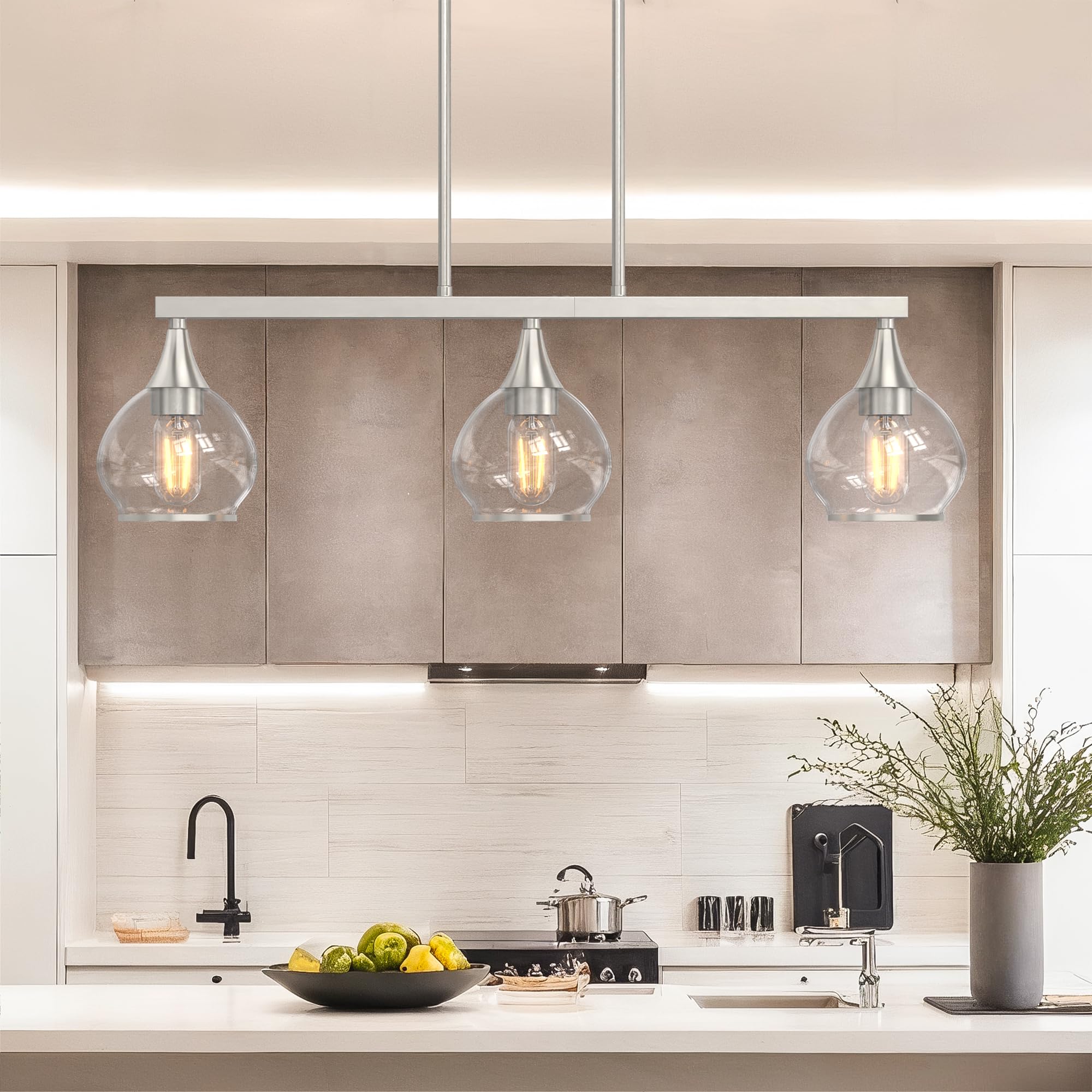 Kitchen Island Linear Pendant Light, 3-Light Gold Dining Room Chandelier with Clear Glass Globe Shades, Modern Linear Lighting Fixture Over Table