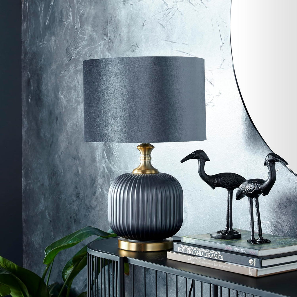 Deco 79 Fabric Room Table Lamp Ribbed Accent Lamp with Velvet Shade and Gold Accents, Lamp 13" x 13" x 20", Blue